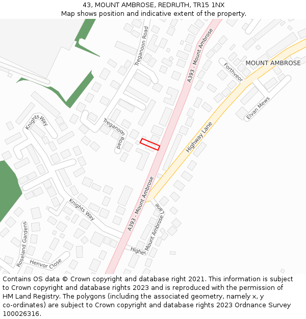 43, MOUNT AMBROSE, REDRUTH, TR15 1NX: Location map and indicative extent of plot