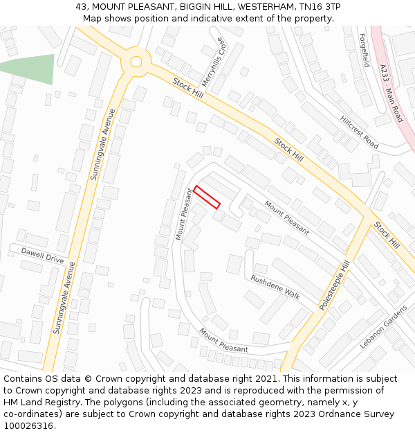 43, MOUNT PLEASANT, BIGGIN HILL, WESTERHAM, TN16 3TP: Location map and indicative extent of plot