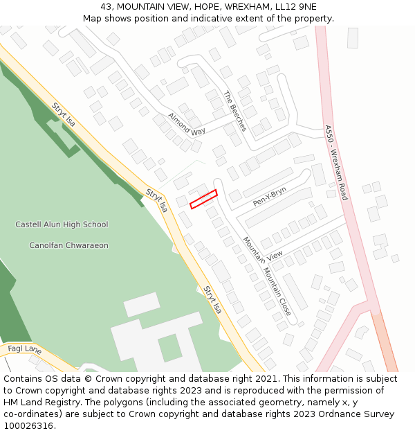 43, MOUNTAIN VIEW, HOPE, WREXHAM, LL12 9NE: Location map and indicative extent of plot