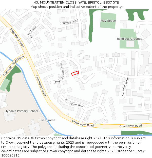 43, MOUNTBATTEN CLOSE, YATE, BRISTOL, BS37 5TE: Location map and indicative extent of plot