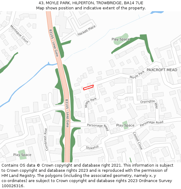 43, MOYLE PARK, HILPERTON, TROWBRIDGE, BA14 7UE: Location map and indicative extent of plot