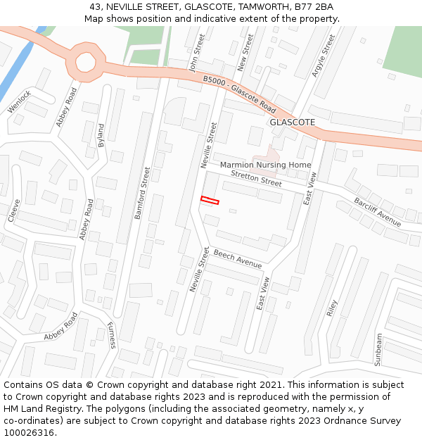 43, NEVILLE STREET, GLASCOTE, TAMWORTH, B77 2BA: Location map and indicative extent of plot