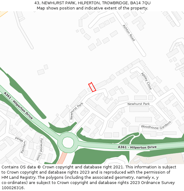 43, NEWHURST PARK, HILPERTON, TROWBRIDGE, BA14 7QU: Location map and indicative extent of plot