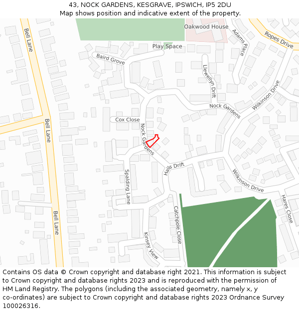 43, NOCK GARDENS, KESGRAVE, IPSWICH, IP5 2DU: Location map and indicative extent of plot