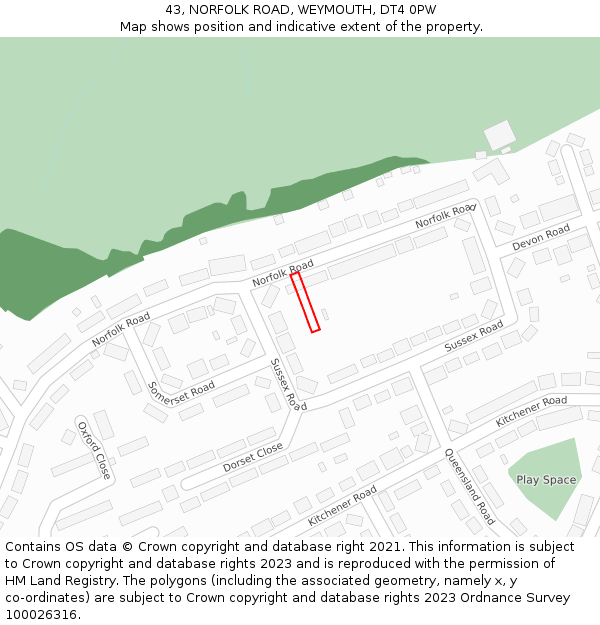 43, NORFOLK ROAD, WEYMOUTH, DT4 0PW: Location map and indicative extent of plot