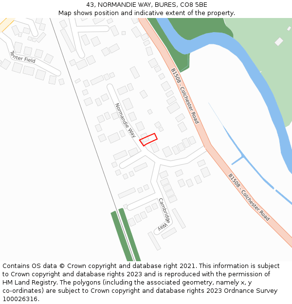 43, NORMANDIE WAY, BURES, CO8 5BE: Location map and indicative extent of plot