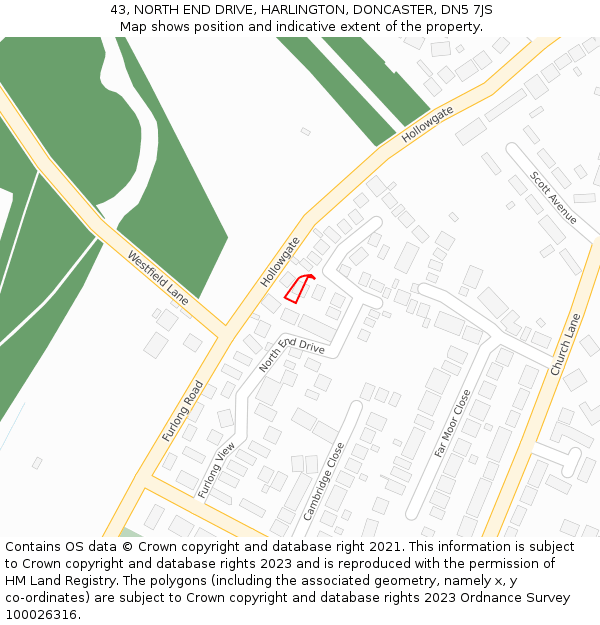 43, NORTH END DRIVE, HARLINGTON, DONCASTER, DN5 7JS: Location map and indicative extent of plot