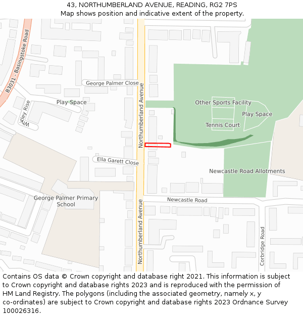 43, NORTHUMBERLAND AVENUE, READING, RG2 7PS: Location map and indicative extent of plot