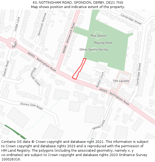 43, NOTTINGHAM ROAD, SPONDON, DERBY, DE21 7NG: Location map and indicative extent of plot