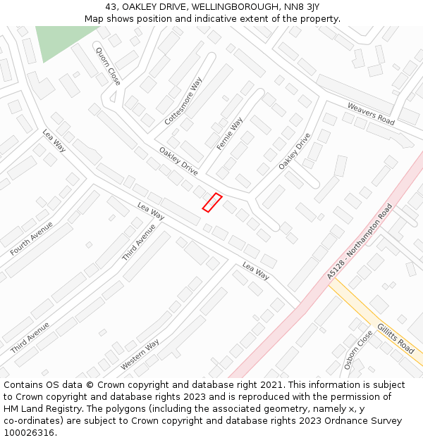 43, OAKLEY DRIVE, WELLINGBOROUGH, NN8 3JY: Location map and indicative extent of plot