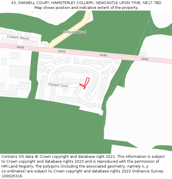 43, OAKWELL COURT, HAMSTERLEY COLLIERY, NEWCASTLE UPON TYNE, NE17 7BD: Location map and indicative extent of plot