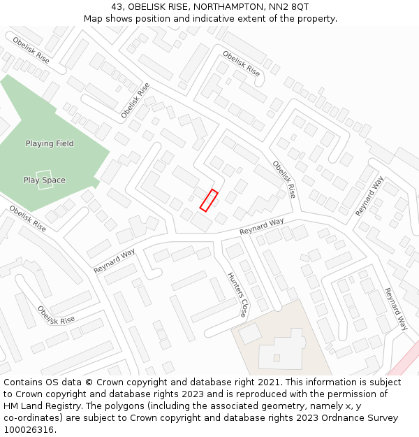 43, OBELISK RISE, NORTHAMPTON, NN2 8QT: Location map and indicative extent of plot