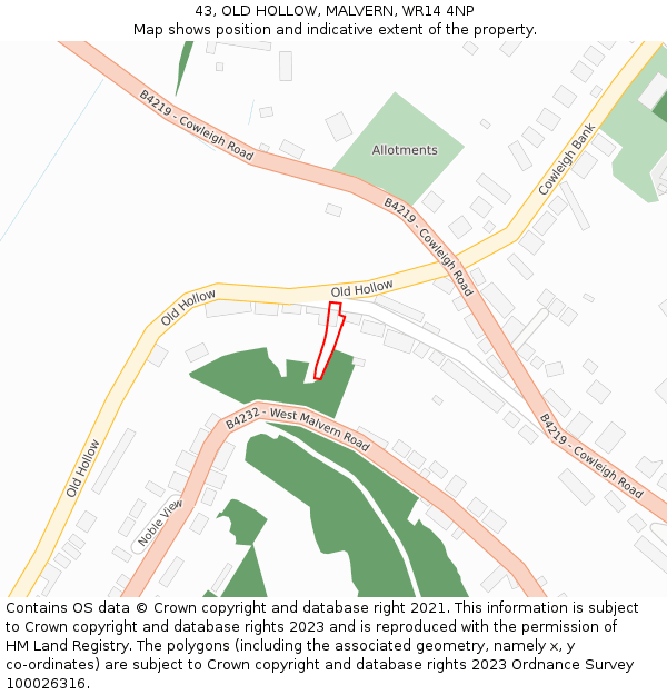 43, OLD HOLLOW, MALVERN, WR14 4NP: Location map and indicative extent of plot