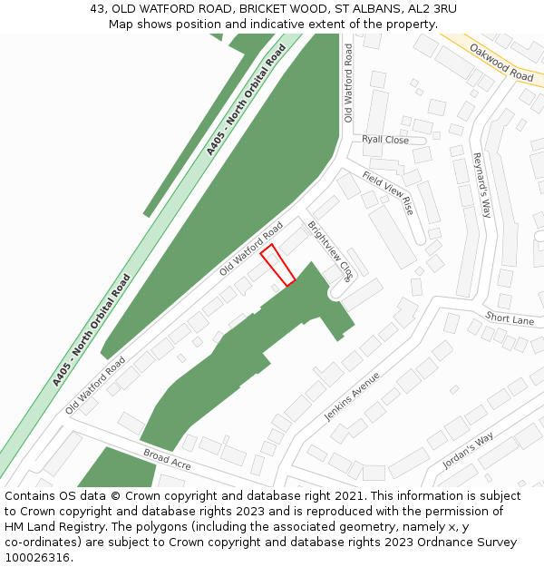 43, OLD WATFORD ROAD, BRICKET WOOD, ST ALBANS, AL2 3RU: Location map and indicative extent of plot