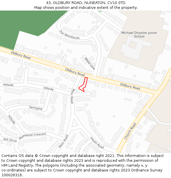 43, OLDBURY ROAD, NUNEATON, CV10 0TD: Location map and indicative extent of plot