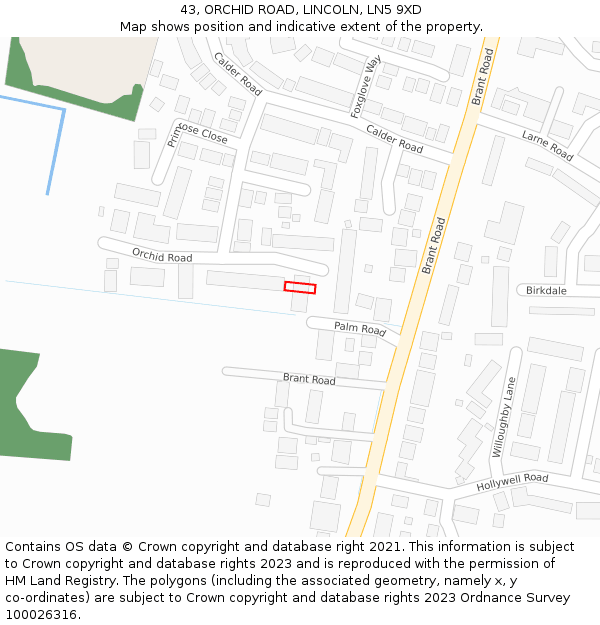 43, ORCHID ROAD, LINCOLN, LN5 9XD: Location map and indicative extent of plot