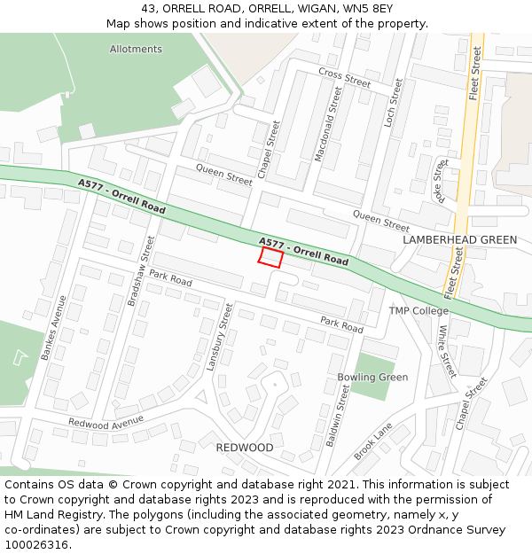 43, ORRELL ROAD, ORRELL, WIGAN, WN5 8EY: Location map and indicative extent of plot