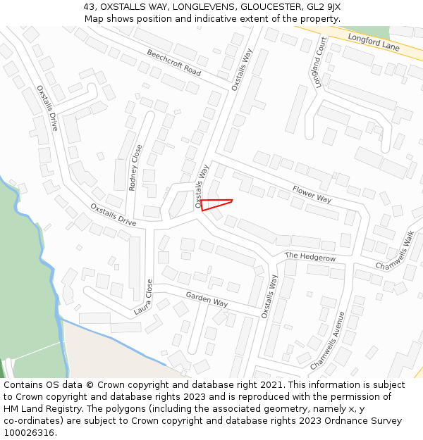 43, OXSTALLS WAY, LONGLEVENS, GLOUCESTER, GL2 9JX: Location map and indicative extent of plot