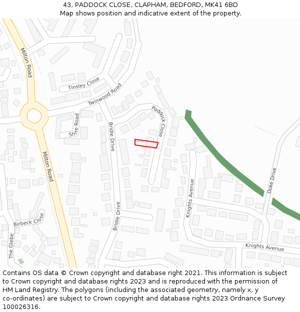 43, PADDOCK CLOSE, CLAPHAM, BEDFORD, MK41 6BD: Location map and indicative extent of plot