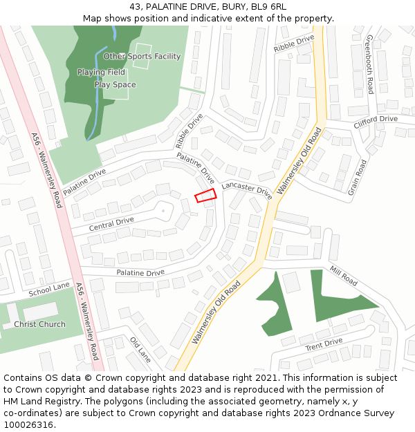 43, PALATINE DRIVE, BURY, BL9 6RL: Location map and indicative extent of plot