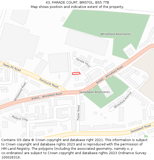 43, PARADE COURT, BRISTOL, BS5 7TB: Location map and indicative extent of plot