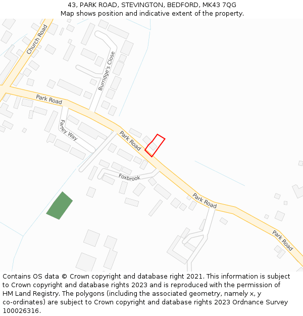 43, PARK ROAD, STEVINGTON, BEDFORD, MK43 7QG: Location map and indicative extent of plot