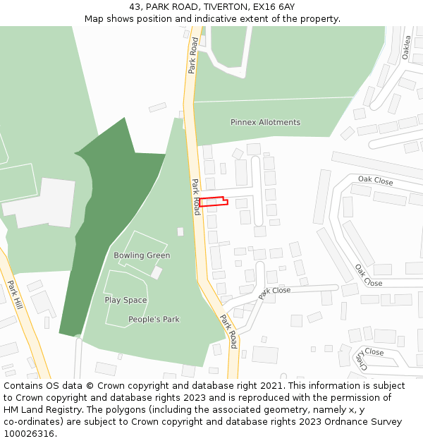 43, PARK ROAD, TIVERTON, EX16 6AY: Location map and indicative extent of plot