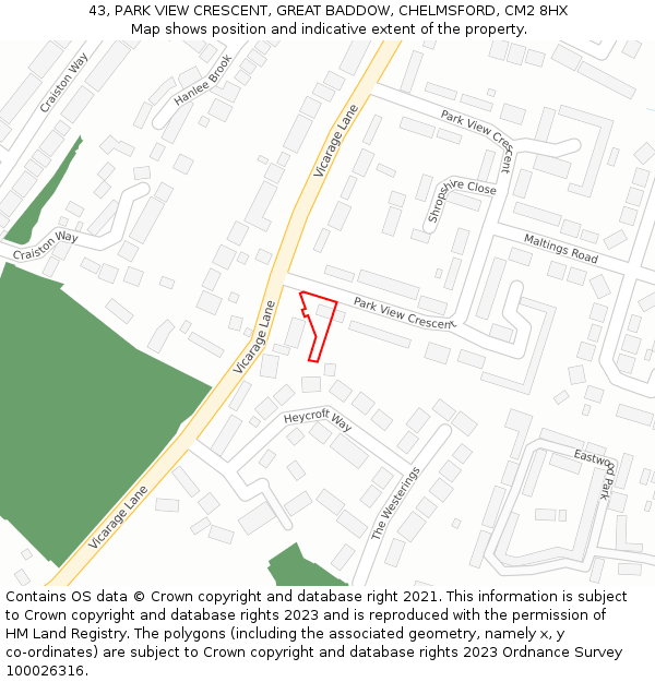 43, PARK VIEW CRESCENT, GREAT BADDOW, CHELMSFORD, CM2 8HX: Location map and indicative extent of plot