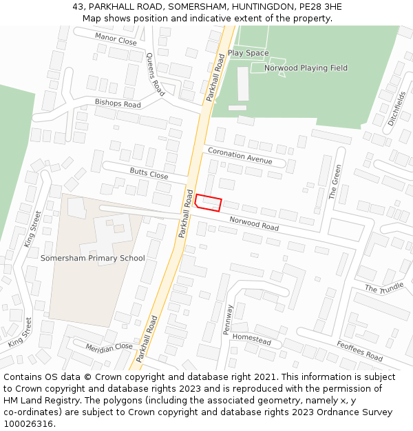 43, PARKHALL ROAD, SOMERSHAM, HUNTINGDON, PE28 3HE: Location map and indicative extent of plot