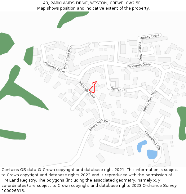 43, PARKLANDS DRIVE, WESTON, CREWE, CW2 5FH: Location map and indicative extent of plot