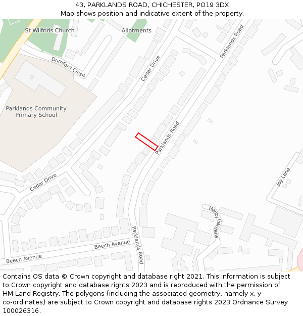 43, PARKLANDS ROAD, CHICHESTER, PO19 3DX: Location map and indicative extent of plot