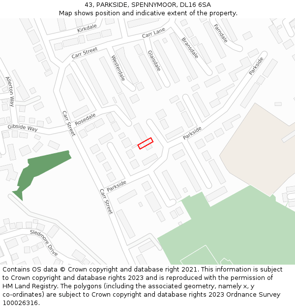 43, PARKSIDE, SPENNYMOOR, DL16 6SA: Location map and indicative extent of plot