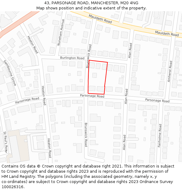 43, PARSONAGE ROAD, MANCHESTER, M20 4NG: Location map and indicative extent of plot