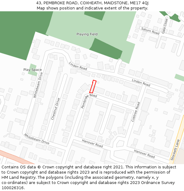 43, PEMBROKE ROAD, COXHEATH, MAIDSTONE, ME17 4QJ: Location map and indicative extent of plot