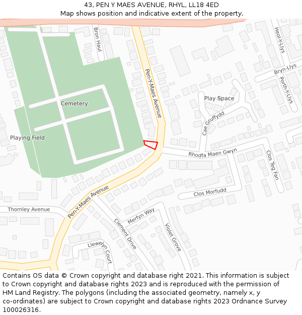 43, PEN Y MAES AVENUE, RHYL, LL18 4ED: Location map and indicative extent of plot