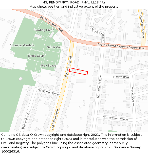 43, PENDYFFRYN ROAD, RHYL, LL18 4RY: Location map and indicative extent of plot