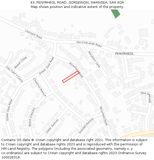 43, PENYRHEOL ROAD, GORSEINON, SWANSEA, SA4 4GA: Location map and indicative extent of plot