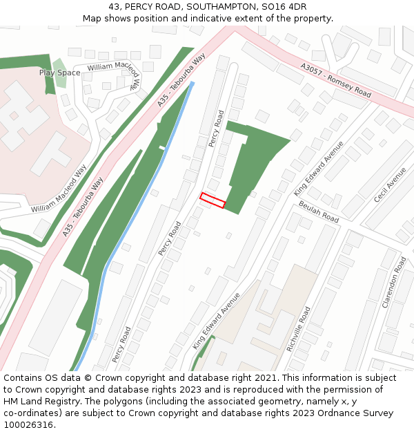 43, PERCY ROAD, SOUTHAMPTON, SO16 4DR: Location map and indicative extent of plot