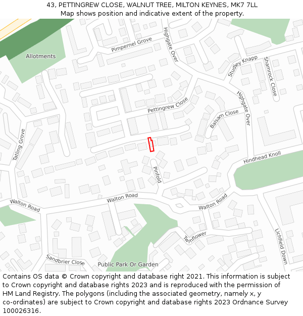 43, PETTINGREW CLOSE, WALNUT TREE, MILTON KEYNES, MK7 7LL: Location map and indicative extent of plot
