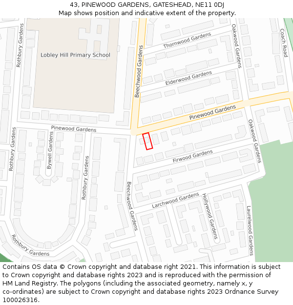 43, PINEWOOD GARDENS, GATESHEAD, NE11 0DJ: Location map and indicative extent of plot