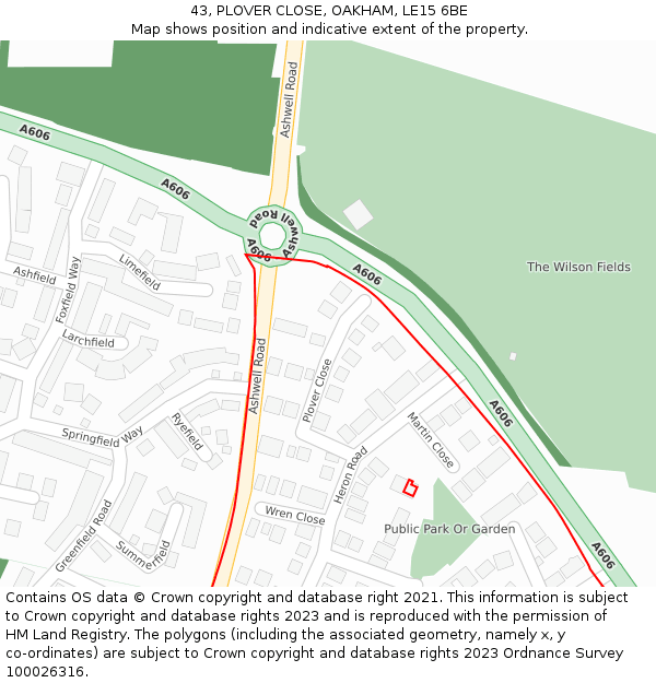 43, PLOVER CLOSE, OAKHAM, LE15 6BE: Location map and indicative extent of plot