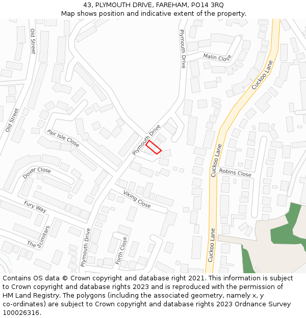 43, PLYMOUTH DRIVE, FAREHAM, PO14 3RQ: Location map and indicative extent of plot