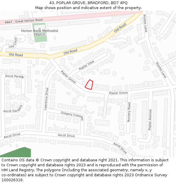 43, POPLAR GROVE, BRADFORD, BD7 4PQ: Location map and indicative extent of plot