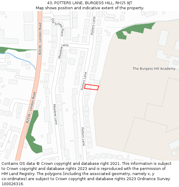 43, POTTERS LANE, BURGESS HILL, RH15 9JT: Location map and indicative extent of plot