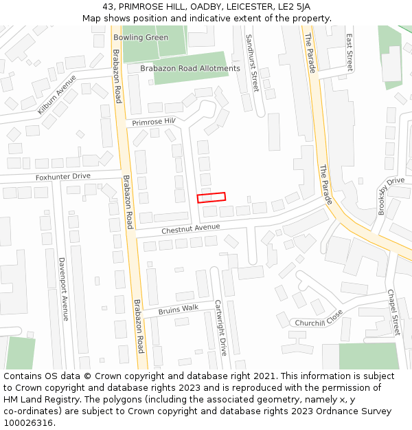 43, PRIMROSE HILL, OADBY, LEICESTER, LE2 5JA: Location map and indicative extent of plot