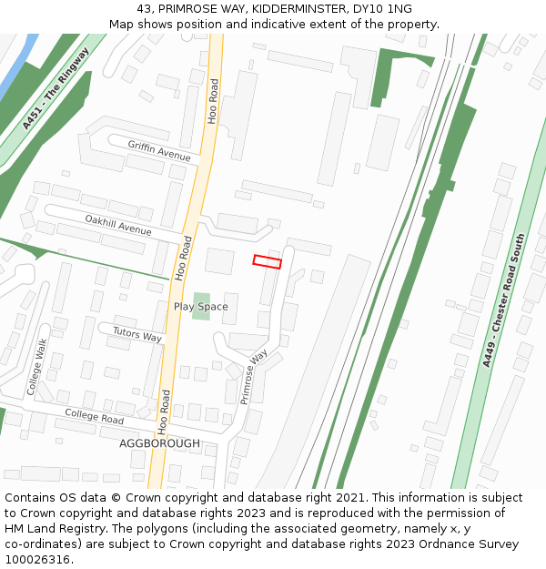 43, PRIMROSE WAY, KIDDERMINSTER, DY10 1NG: Location map and indicative extent of plot