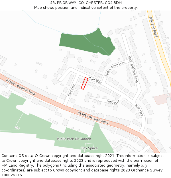 43, PRIOR WAY, COLCHESTER, CO4 5DH: Location map and indicative extent of plot