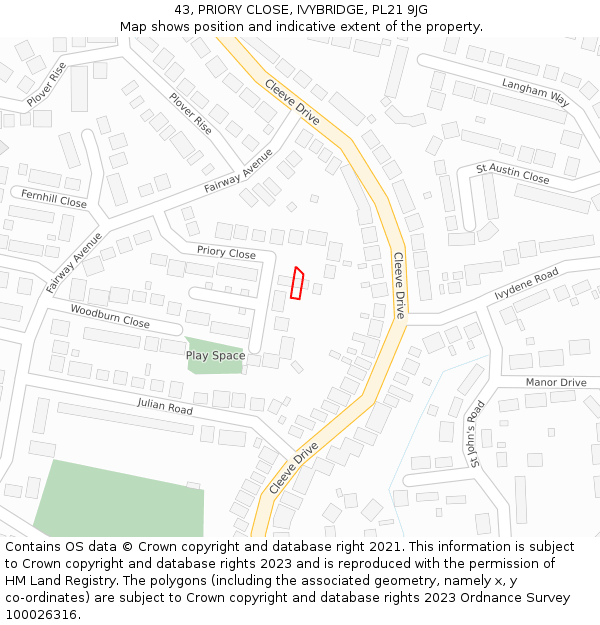 43, PRIORY CLOSE, IVYBRIDGE, PL21 9JG: Location map and indicative extent of plot