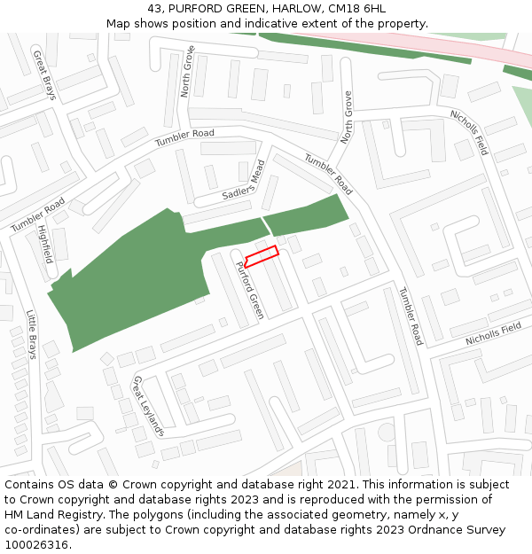 43, PURFORD GREEN, HARLOW, CM18 6HL: Location map and indicative extent of plot