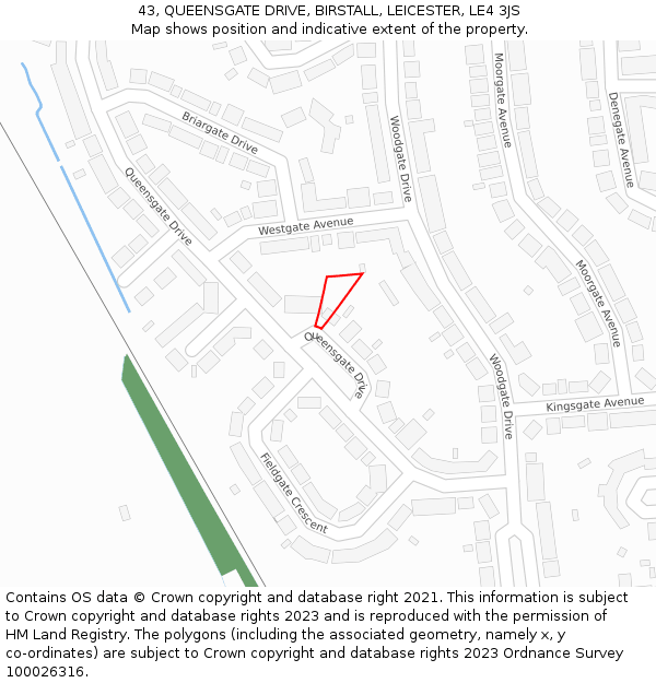 43, QUEENSGATE DRIVE, BIRSTALL, LEICESTER, LE4 3JS: Location map and indicative extent of plot